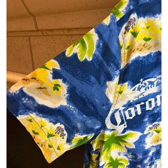 Corona Beer Hawaiian Aloha Short Sleeve Cabana Blue Yellow Shirt Size Large - Picture 5 of 11